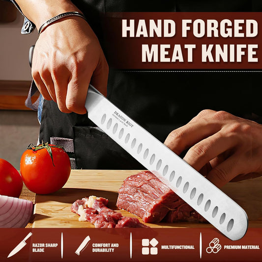 10 inch Premium Brisket Knife, Razor Sharp Carving Knife with Ergonomic Handle Design, Granton Edge, Hand Forged Brisket Slicing Knife for Meat and BBQ Cuting Gift for Men