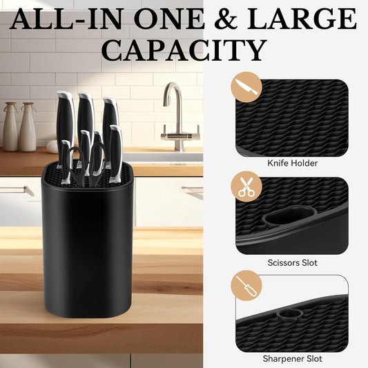 Black Knife Block Without Knives 3 in 1 Universal Square Knife Holder Without Knives with Scissors Slot and Sharpening Rod Detachable Kitchen Knife Holder for Easy Cleaning Space Saver