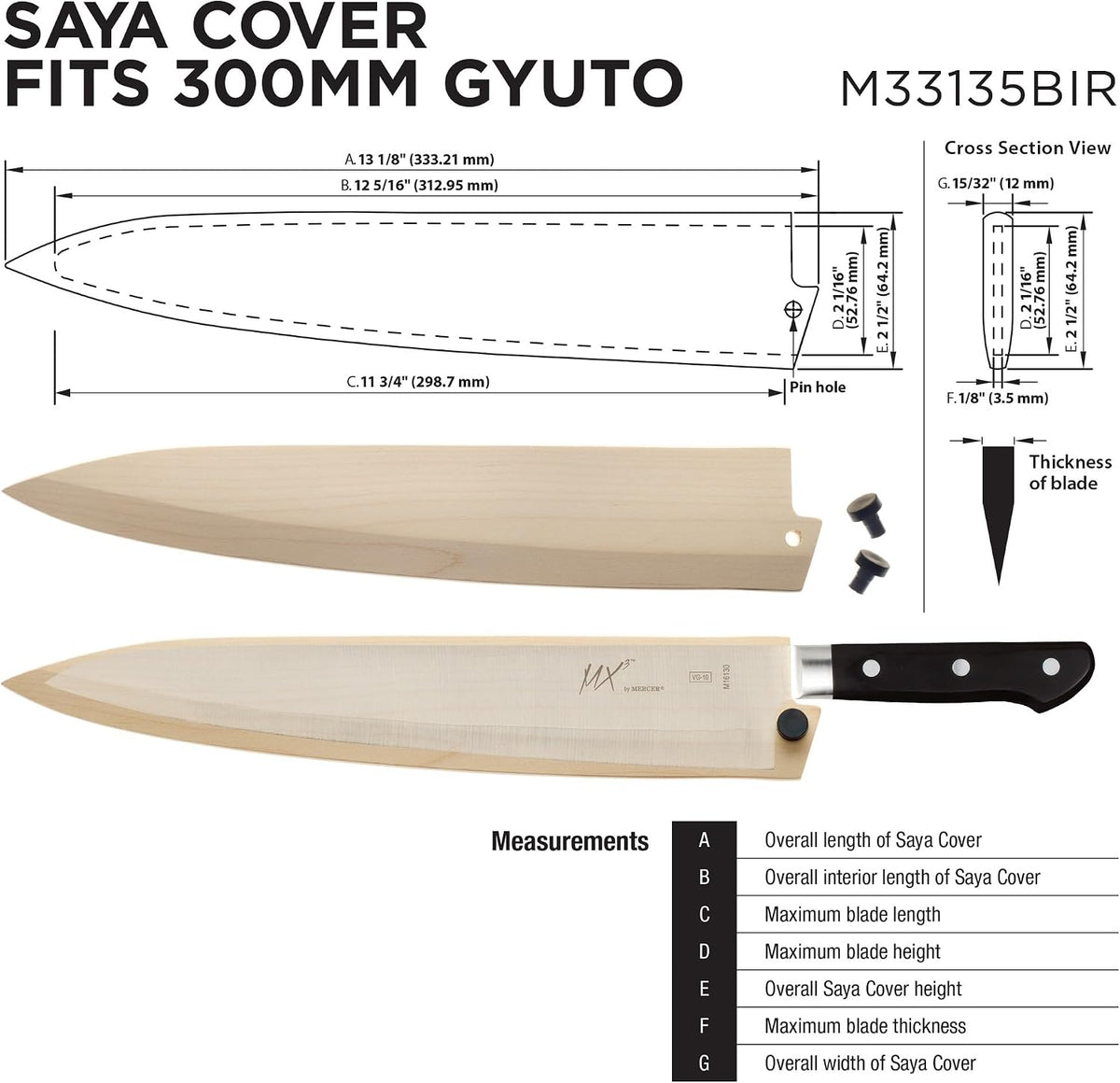 Birch Wood Saya Cover Blade Protector for 7" Santoku Knives