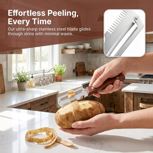 2-in-1 Serrated Peeling Knife Premium Vegetable Peeler, Ultra-Sharp Stainless Steel Blade with Wooden Handle & Built-in Bottle Opener, Multi-Function Kitchen Tool for Fruits, Veggies & Potatoes (1PC)