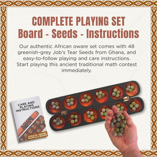 Africa Heartwood Project African Oware Mancala Board - Hand-Carved Solid Wood with Adinkra Symbol, Wooden Folding Mancala Design, 16" Board with 48 Grey, Green Tear Seeds and Playing Instructions