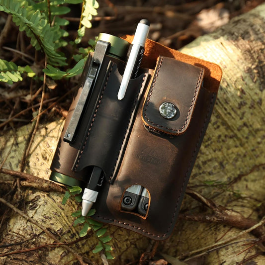 Leather Multitool Sheath - Multi Tool Holster with Belt Clip - EDC Belt Organizer Fits Multitool, Flashlight, Pen - Leather EDC Pouch Belt Holder Case with Closure Flap, Darkbrown