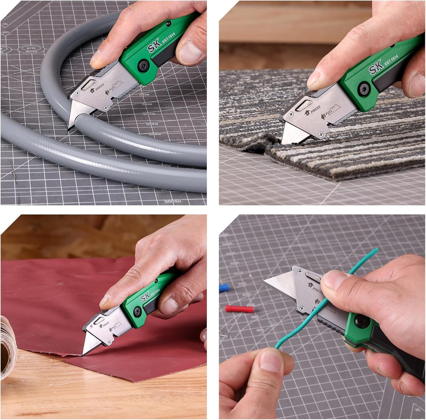SK Utility Knife with SK2M TAC Blade & Aluminum Handle, Folding Box Cutter | Foldable Razor Knife with 28× Longer Life SK2M Blades, Wire Cutter, Quick Change, Blade Storage, Includes 4 Extra Blades