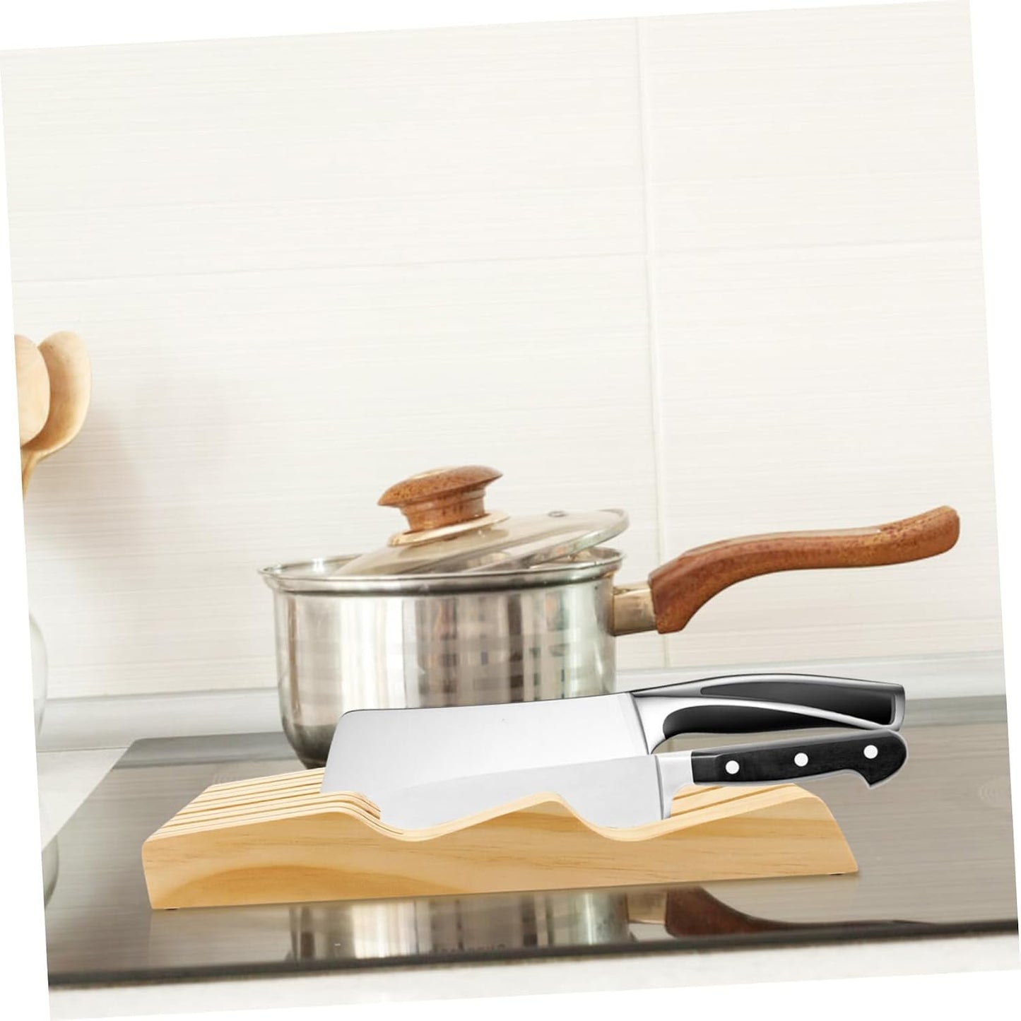 UKCOCO Khaki Wooden Drawer Knife Rack In Drawer Knives Block Organizer for Kitchen Storage Sturdy Beech Wood Cutter Holder Protecting Blades Space Saving Design for Clutter Countertops