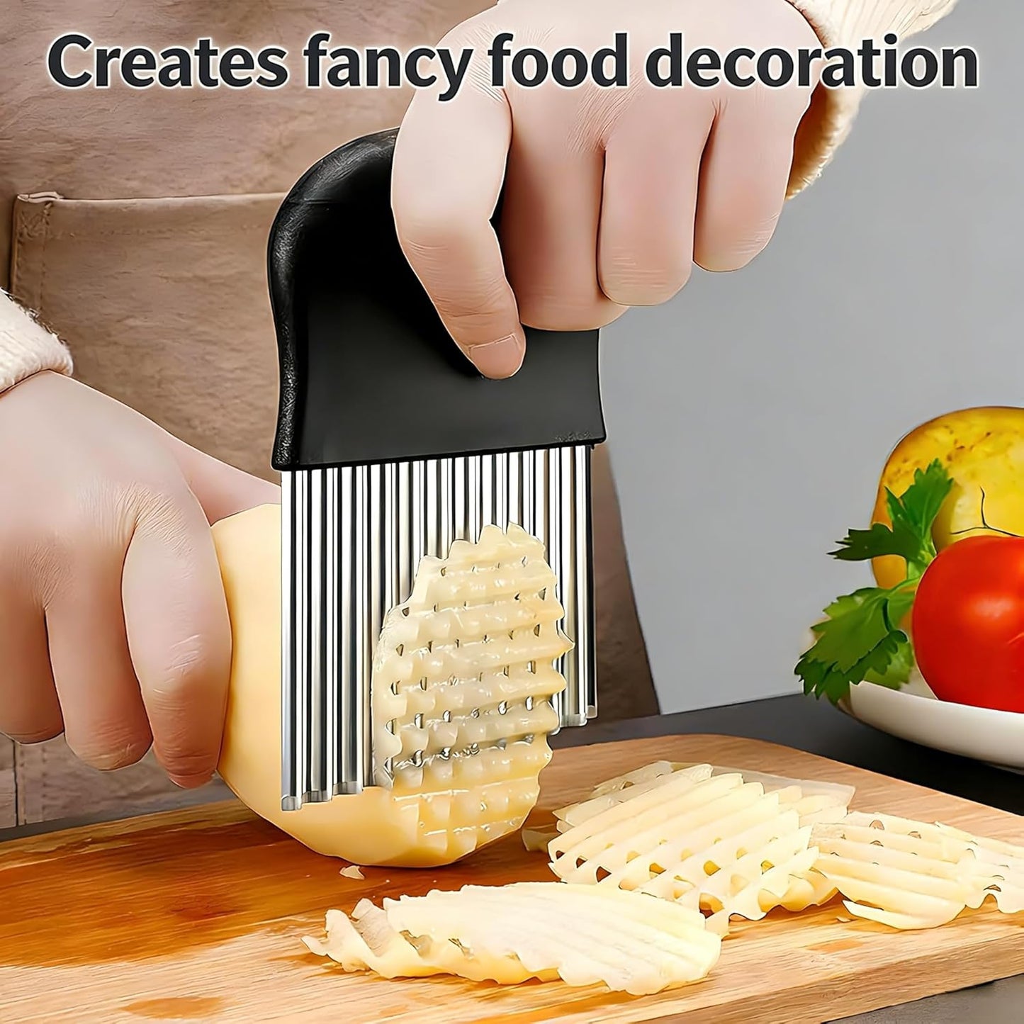 French Fry Slicer - Large Crinkle Cutter - Potato Knife Cutter, Fruit Vegetable Wavy Chopper - Stainless Steel Blade Cutting Knife Tool