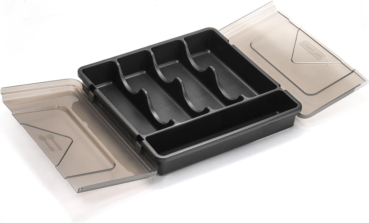 Silverware Organizer with Lid, Covered Utensil Drawer Organizer Tray for Kitchen, 5 Compartments Plastic Black Cutlery Flatware Storage Box for Spoons Forks Knives, Office, RV, Countertop