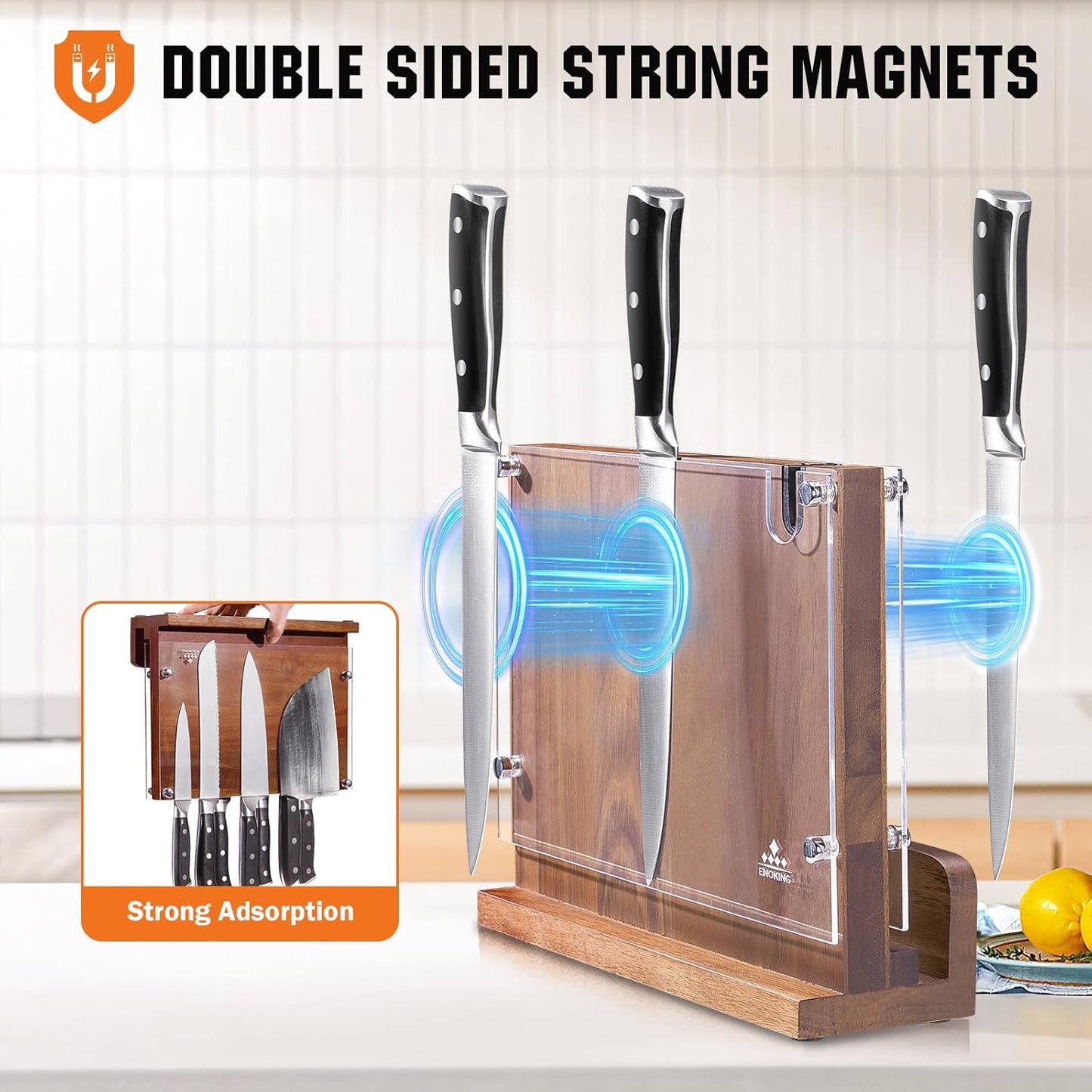 Magnetic Knife Block with Acrylic Shield, Double Side Kitchen Knife Holder without Knives- Acacia Wood Universal Knife Storage Organizer with Powerful Magnet for Kitchen Counter