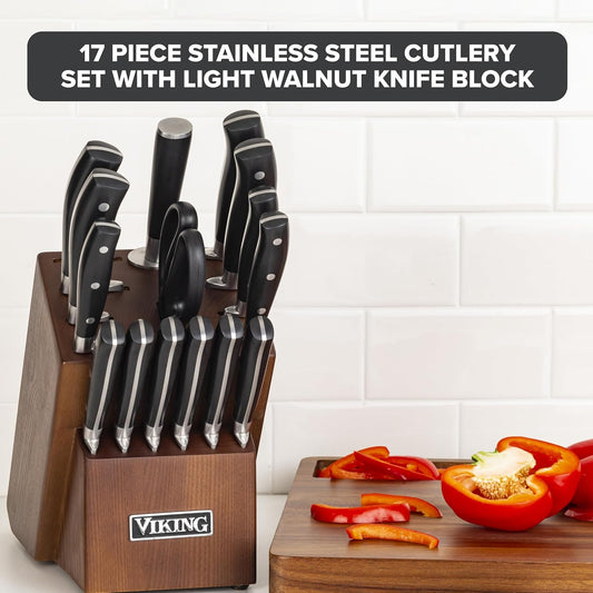 17 Piece Kitchen Knife Set with Light Walnut Block, Cutlery Set with Stainless Steel Blades and Ergonomic Handles, Dishwasher Safe
