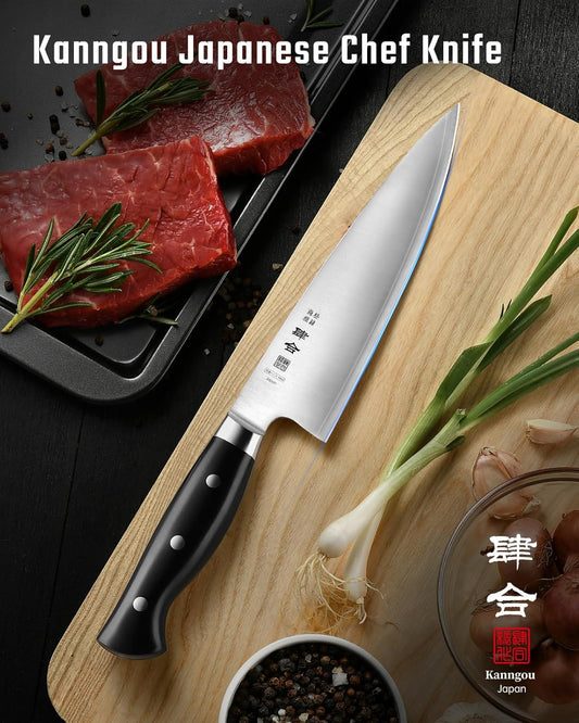 8 Inch Chef Knife, Kitchen Knife with 440A AllOY Steel, Japanese Chefs Knife with Gift Box and Full-Tang Black POM Handle
