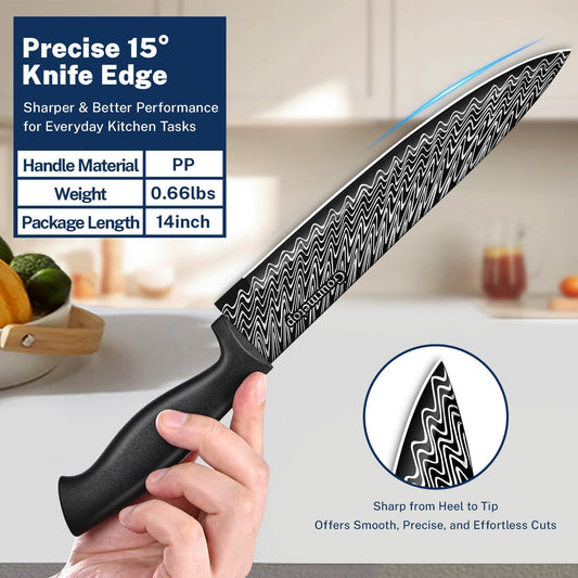 3PCS Kitchen Knife Set with Cover, Sharp Black Knives for Cooking | 8" Chef, 5" Utility, 3.5" Paring Knives, Food-Grade Nonstick Coating, Damascus Pattern, for Chopping, Slicing and Peeling