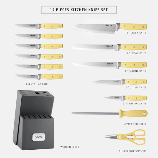 Kitchen Knife Block Set, 14 Pieces, Yellow | Wooden Block, Sharpener Steel, All-purpose Scissors, High Carbon Stainless Steel