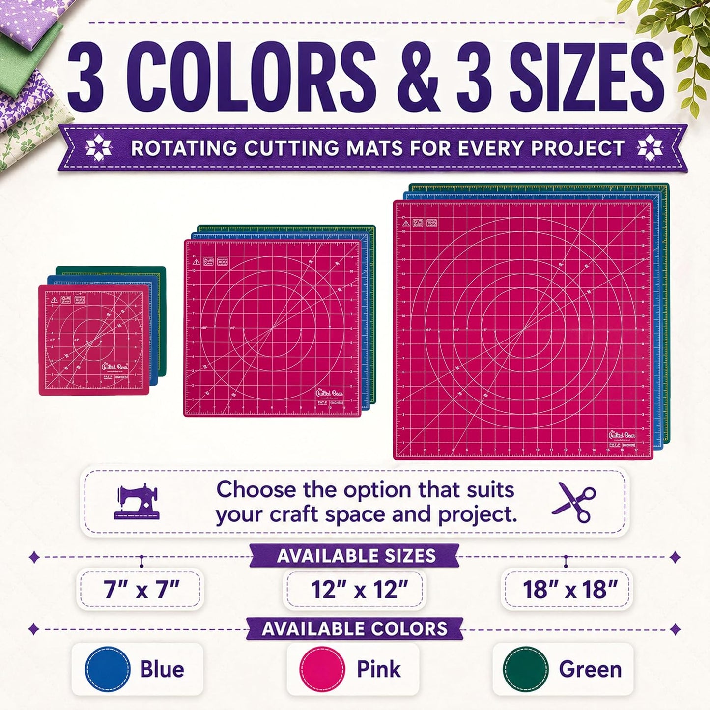 The Quilted Bear Rotating Cutting Mat 12" x 12" - Locking & Rotating Self Healing Cutting Board for Sewing, Fabric & Quilting - 360 Degree Sewing Supplies Mat for Craft Table (Pink)
