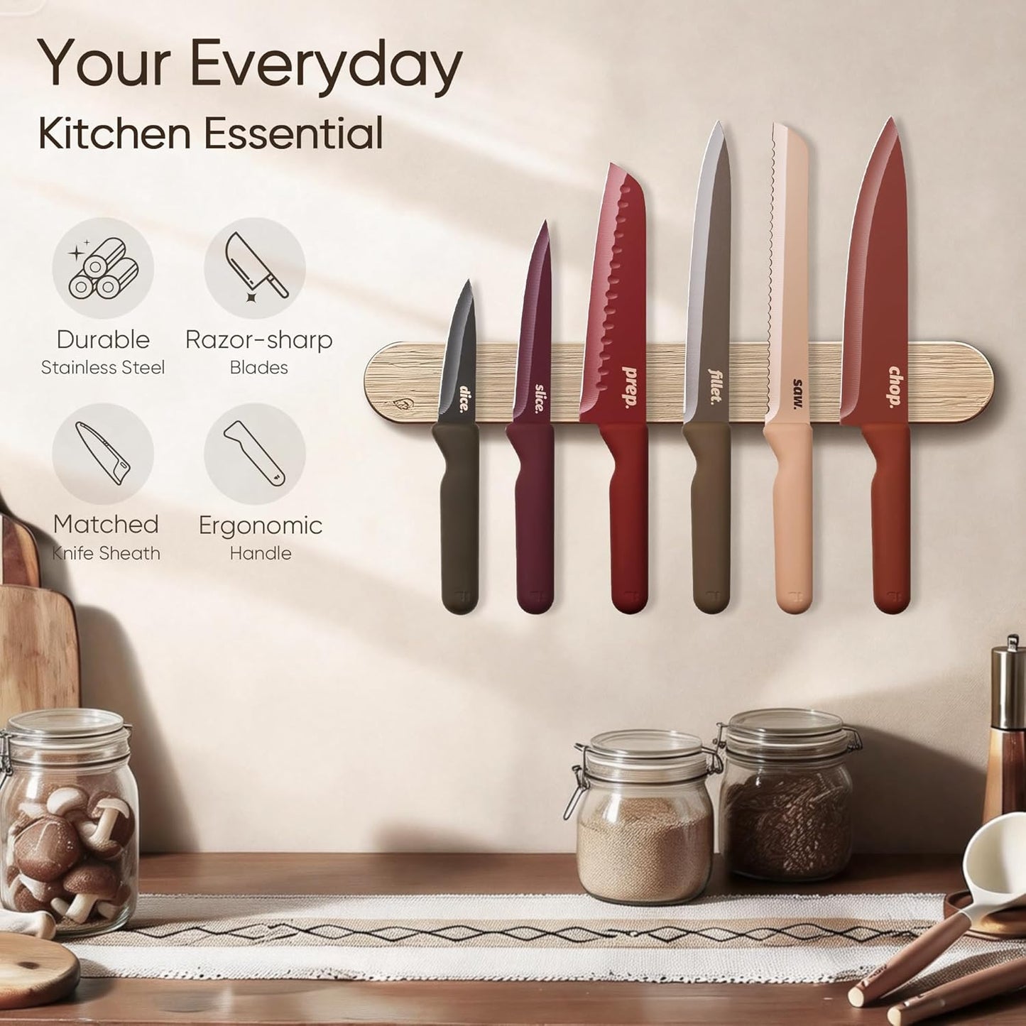 Kitchen Knife Set, 6 Floral Knives with 6 Blade Guards, 12-Piece | Stainless Steel Blades, Ceramic Nonstick Coating, Long-Lasting Sharpness, Rust-Resistant, Non-Slip, Dishwasher Safe