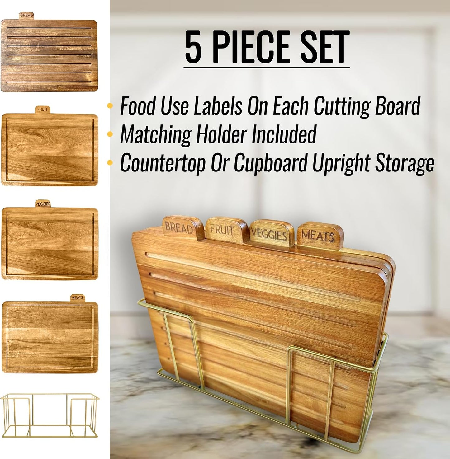 Acacia Cutting Boards for Kitchen with Holder 13" x 11" x 2.5" | Labeled Wood Cutting Board Sets | Large Wooden Cutting Board Set of 4 with Black Organized Stand | Non Toxic Chopping Board