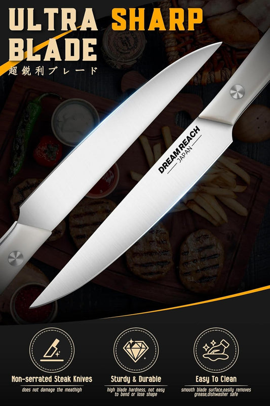 Steak Knife Set, Steak Knives Set of 4 Japanese Stainless Steel | Ultra Sharp Blades, Japanese Stainless Steel, Dishwasher Safe, Premium Gifts for Men and Women