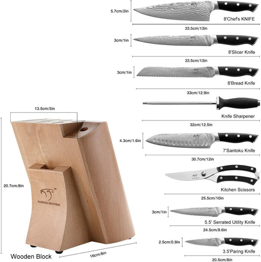 9 Pieces Damascus Kitchen Knife Sets with 67-Layer Japanese Damascus Steel, ABS Ergonomic Handle, Professional Ultra Sharp Knife Sets for Chefs with Beechwood Block
