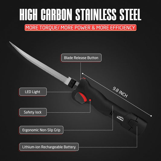 Fillet Knife - Electric Fillet Knife for Fish, Cordless Electric Knifes with Safe Lock, Non-Slip Grip Handle with 1 battery and 7"+9" blade