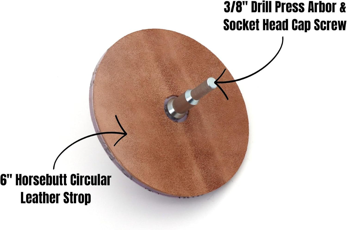 6" Drill Press Sharpener for Woodworking Tools (Chisels & Plane Blades) comes with Steel Arbors, Acrylic Discs, PSA Abrasive Discs, Horsebutt Leather, & Honing Compound