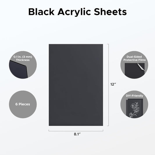 6 Pack Transparent Black Acrylic Sheets, 12"x8" Plexiglass Sheets for Laser Cutting Engraving, 0.1" / 3 mm Thick Colored Plastic Board Set for Decoration DIY Projects Crafting Display Case Sign