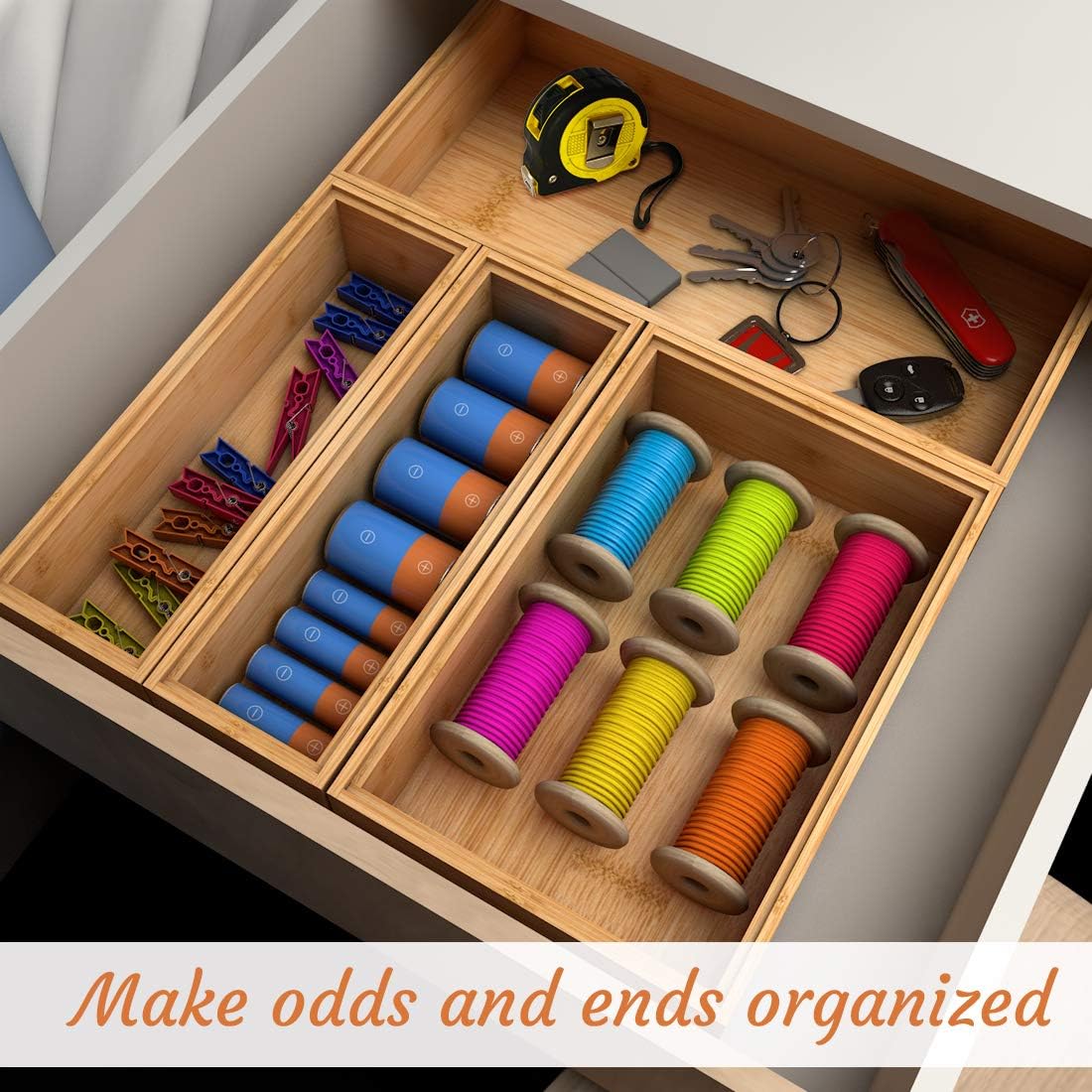 Stackable Utensil Drawer Organizer, Bamboo Kitchen Flatware Holder 9"x 3" | Silverware Drawer Organizer, Caddy Cutlery Holder, Wooden Storage Boxes Tray for Bedroom,Office, Bathroom, Vanity, RV