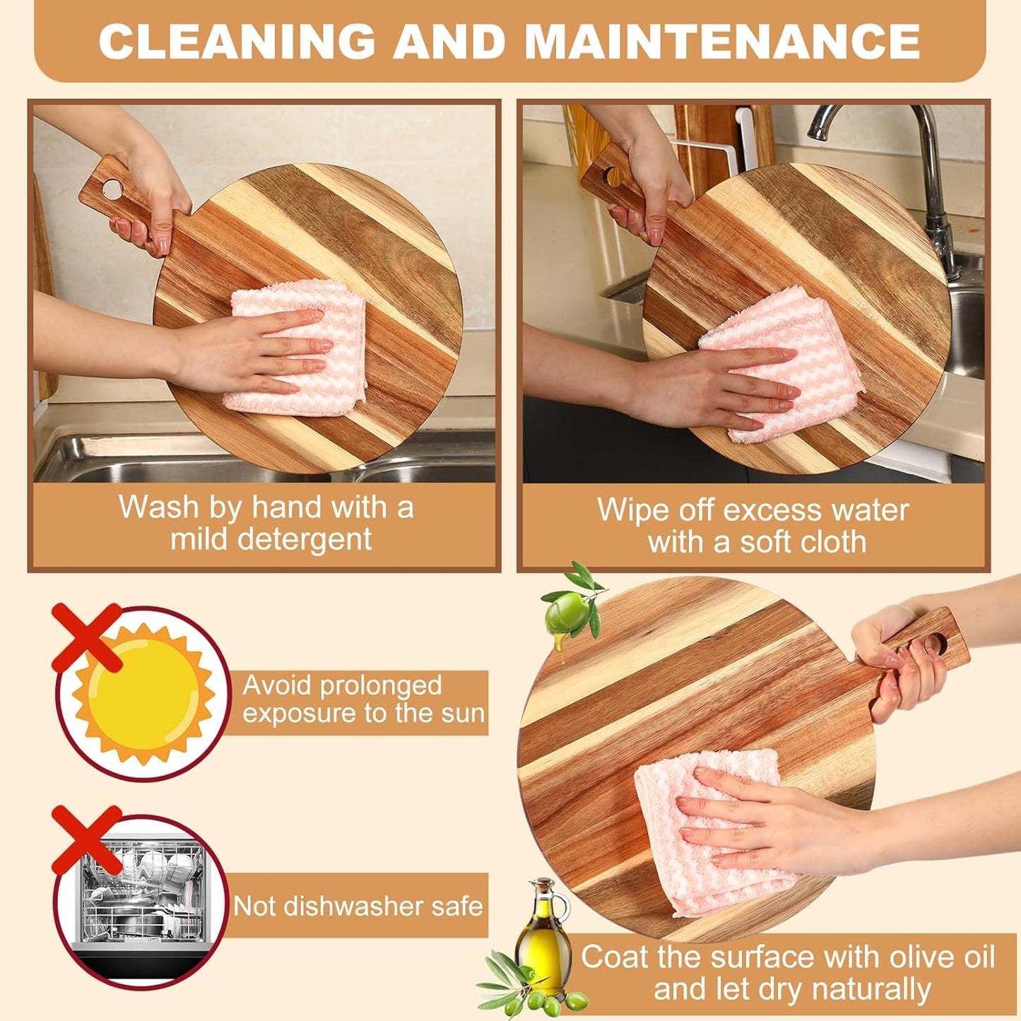 3 Pcs Acacia Wood Cutting Board with Handle Wooden Chopping Charcuterie Board Assorted Size Butcher Block Serving Tray for Cheese Pizza, 16 x 12 In, 17 x 7 In, 16 x 4.7 in