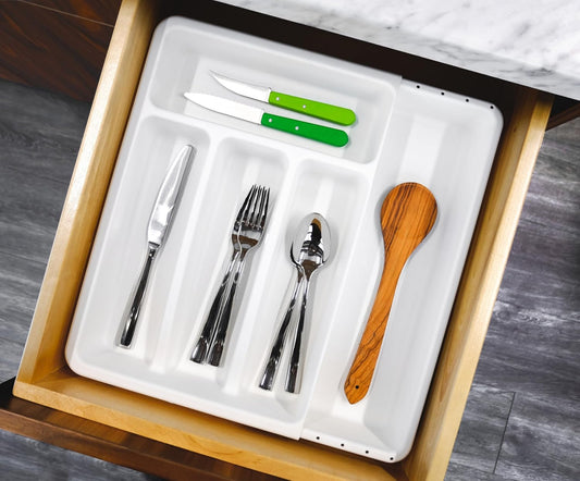 Expanding Silverware Tray, 5 Compartment Flatware Organizer for Forks, Knives & Spoons, Durable Drawer Organizer, White