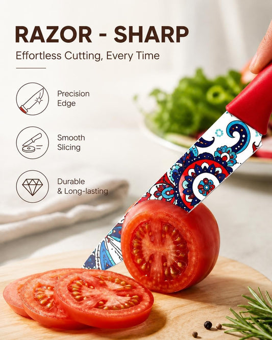Paisley Pattern Knife Set with Cover | Dishwasher Safe, 6 Knife Sheath, German Stainless Steel, Rainbow Colorful Design