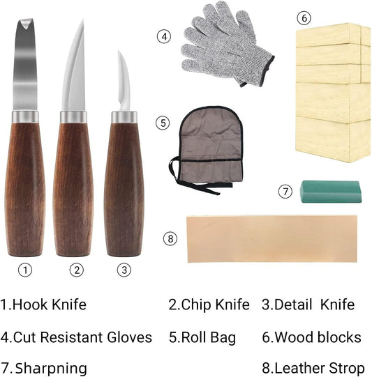 Cor cordium Wood Whittling Kit with Basswood Blocks Sets for Adults and Beginners,Carving Set Includes 3pcs Widdling Knife & 8pcs Blocks & Gloves,Gifts for Christmas,Fathers Day,Mothers Day
