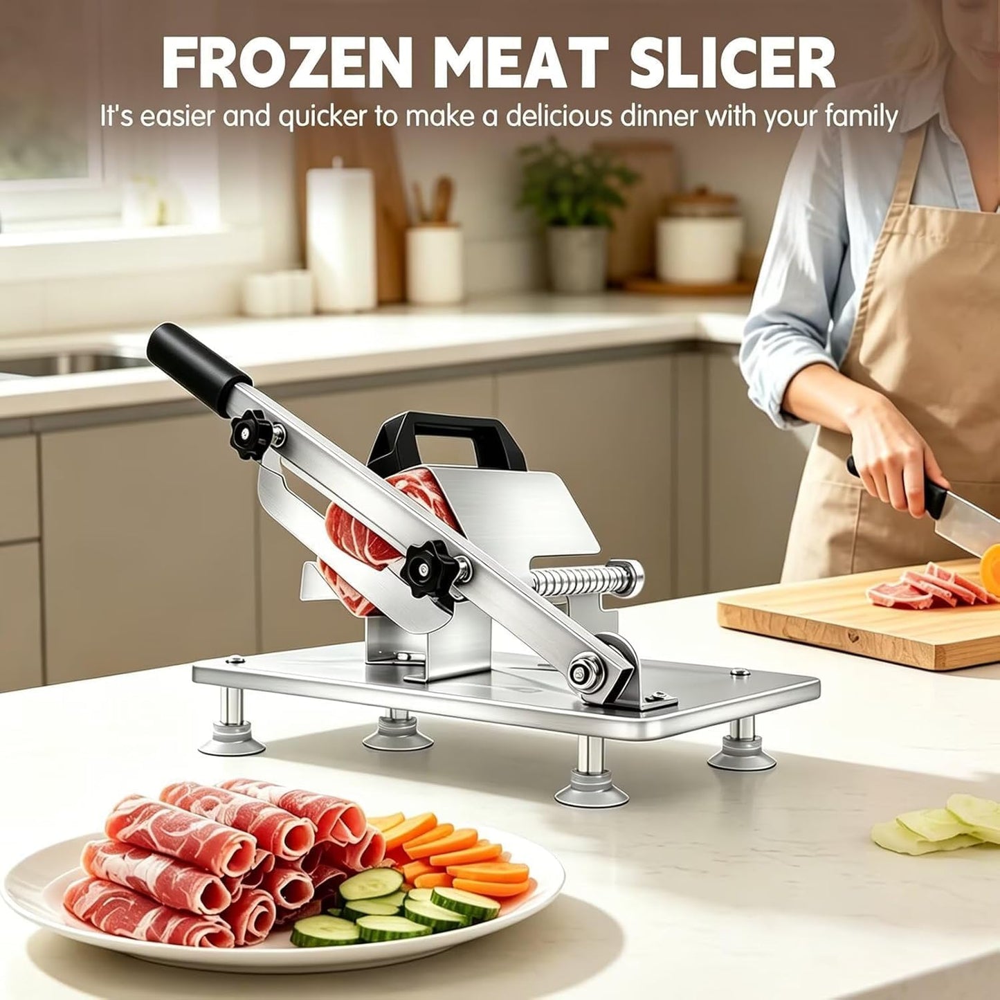 Manual Meat Slicer Frozen Meat Cutter Upgraded Stainless Steel Meat Cleavers Beef Mutton Roll Slicing Machine Vegetable Meat Slicer for Home Cooking Hotpot Shabu CNH2(Silver,16.7"x6.7")