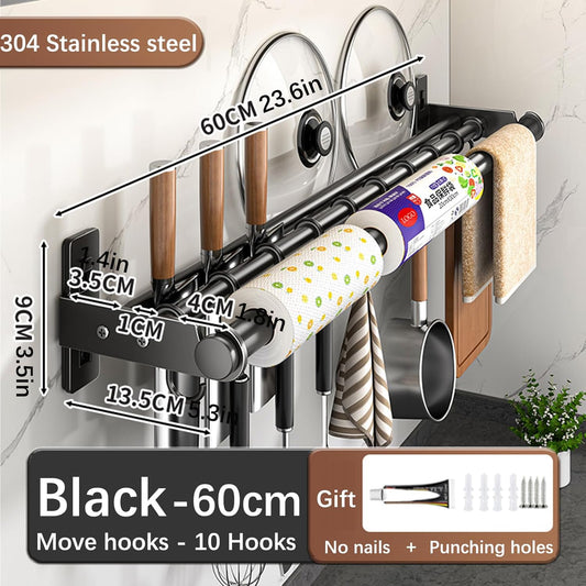 Hanging Wall Mount knife Wall Mount, Kitchen Organizer Storage Shelf for Utensils Spatula Spoon, Space-Saving Knife Rack with Hooks,Wall-Mounted Utensil Holder (Black, 60CM+Three Poles+10Hooks)