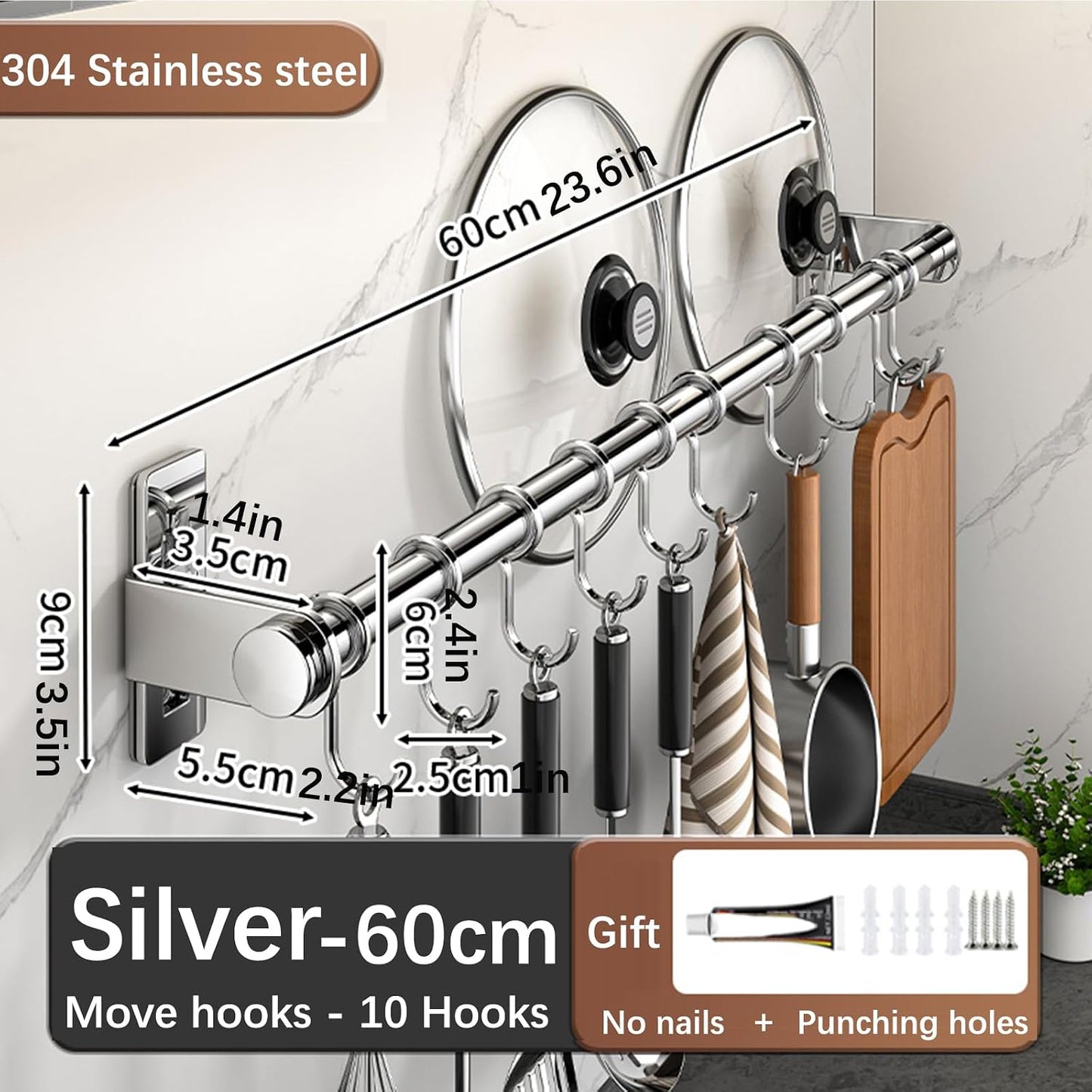 Hanging Wall Mount knife Wall Mount, Kitchen Organizer Storage Shelf for Utensils Spatula Spoon, Space-Saving Knife Rack with Hooks,Wall-Mounted Utensil Holder (Black, 60CM+Three Poles+10Hooks)