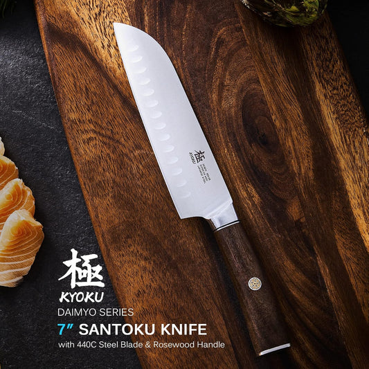 7 Inch Santoku Knife, Daimyo Series, Rosewood Handle, 440C Steel | Japanese 440C Stainless Steel, Vacuum Heat Treated, Mosaic Pin, Sheath & Case, For Chef And Home Kitchen Use