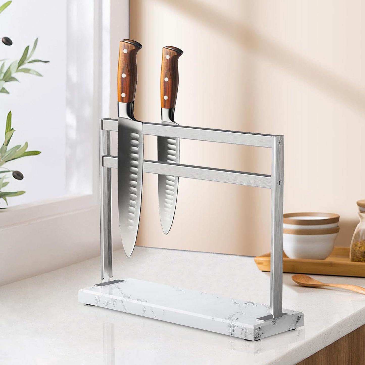 Acrylic Shield Magnetic Knife Block Holder - Marble Base Magnetic Knife Stand for Counter Top -Double Sided Magnetic Knife Holder -Stainless Steel Kitchen Knife Block without Knives -White