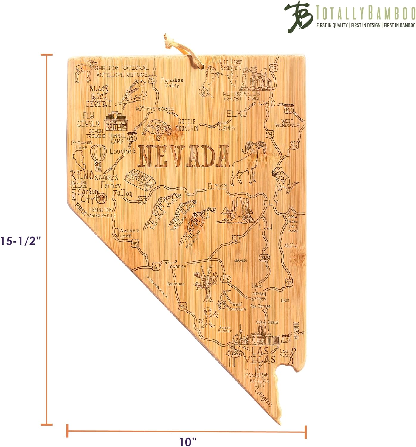 Destination Nevada State Shaped Cutting Board | State charcuterie serving board with engraved map artwork. Smooth reverse side for food prep. Hang tie for wall display.