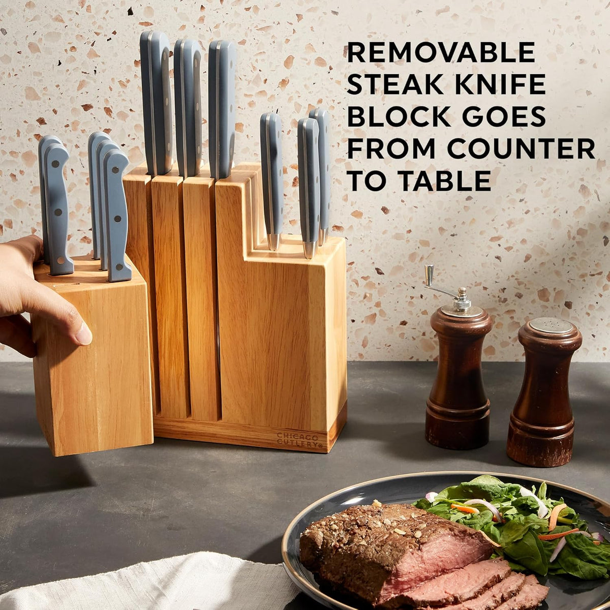 Halsted (7-PC) Steak Knives & Wooden Block Set, Ergonomic Handles and Sharp Stainless Steel Professional Chef Cutlery Set