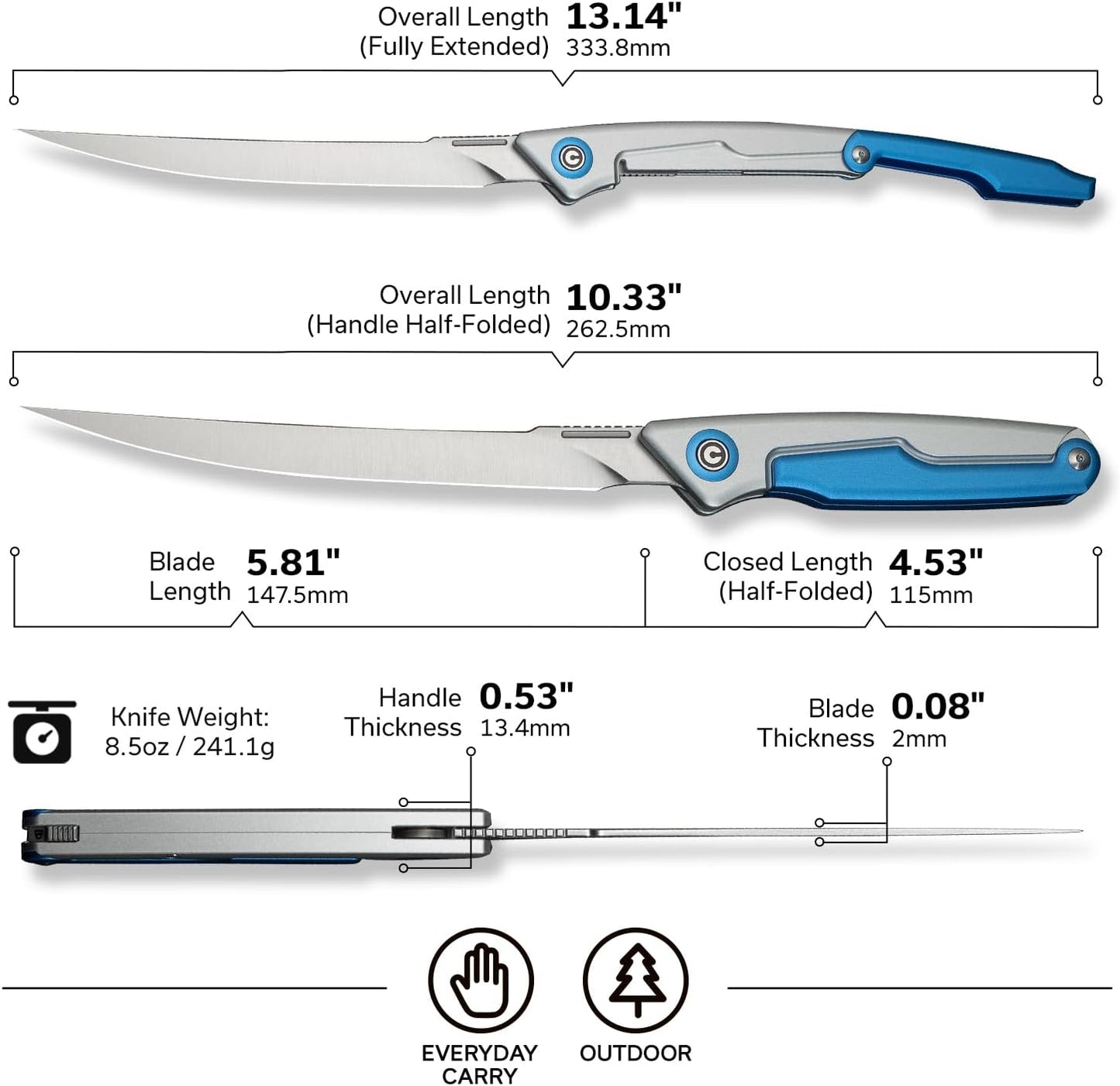 Shawka Folding Fillet Knife for Fish, 5.81" 14C28N Blade, C22029B-3 | Aluminum Handle with & Safety Lock, Includes Nylon Sheath, Foldable Fishing Knife, Portable EDC for Outdoor