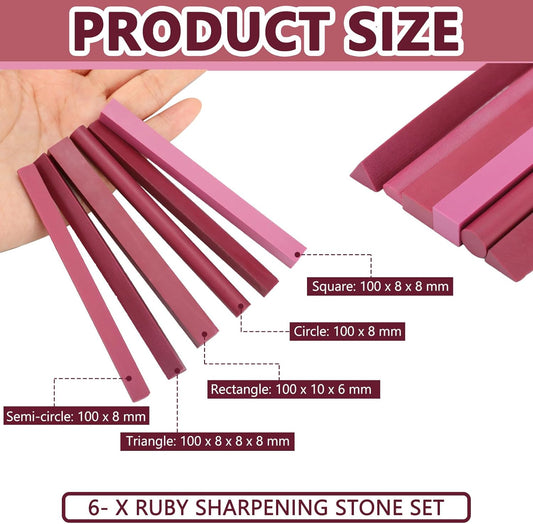 6 Pcs Ruby Sharpening Stone Set 3000# Whetstone Kit Fine Polishing Sharpener Stone for Knife Blade Sharpen Chisel Gouge Tool, 6 Shapes 100mm Length