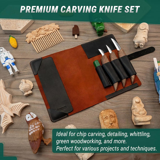 Wood Carving Knife Set Deluxe S15X - Wood Carving Kit with Detail Chip Knife, Sloyd Roughing Whittling Knives & Leather Strop - Whittling Tools Set with Leather Case for Carvers