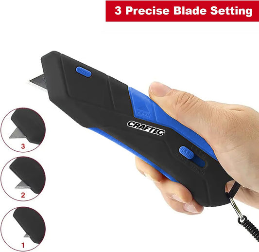 Retractable Utility Knife Box Cutter with Holster & Lanyard - The Ultimate Tool for Precise Cuts, 3 Blade Settings, Ergonomic Design, Left & Right Hand Friendly, Quick Blade Change CT5 (Blue)