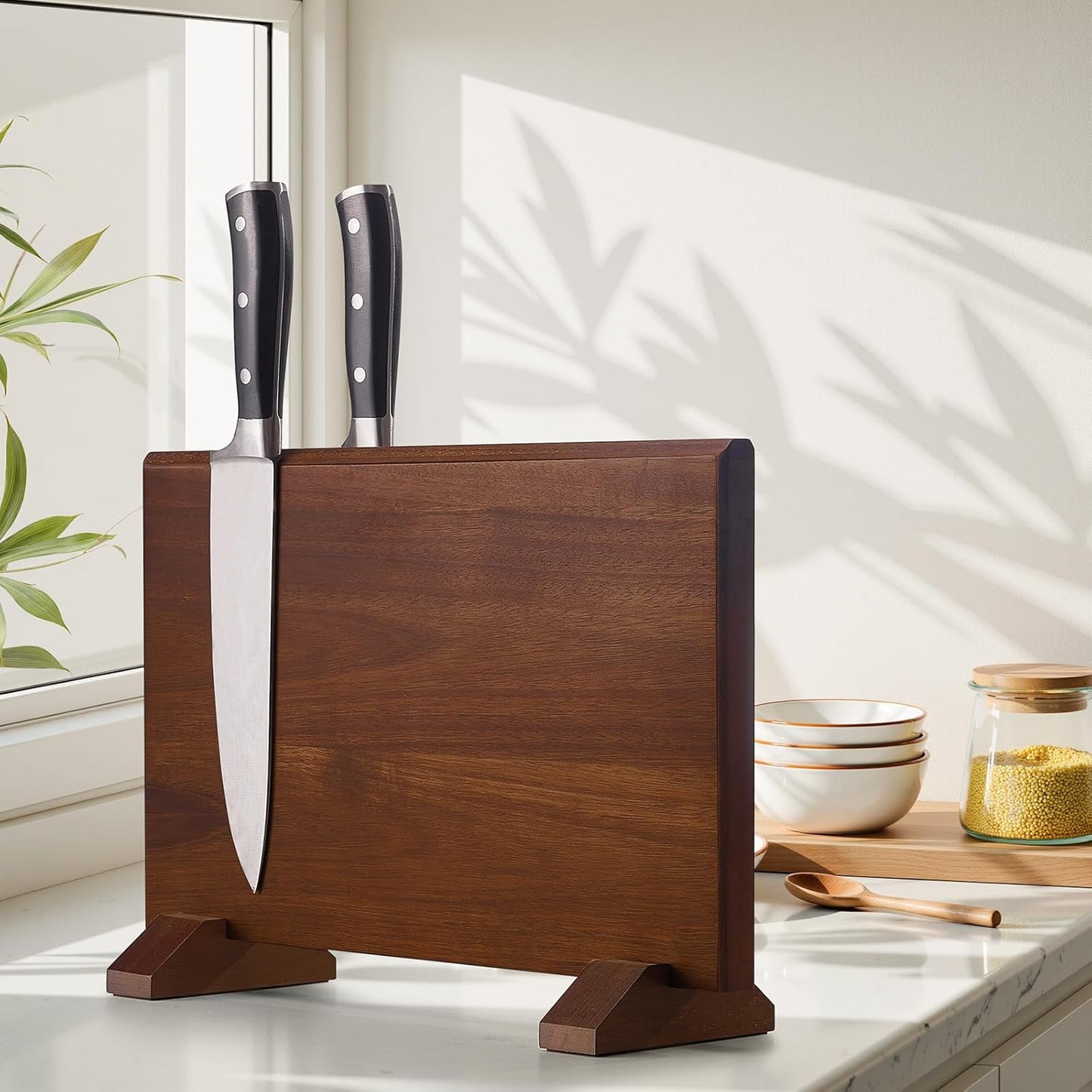 Magnetic Knife Block, Double-Sided Thick Acacia Wood Knife Holder Stand with Strong Magnets, Multifunctional Kitchen Knife Storage Organizer for Countertop