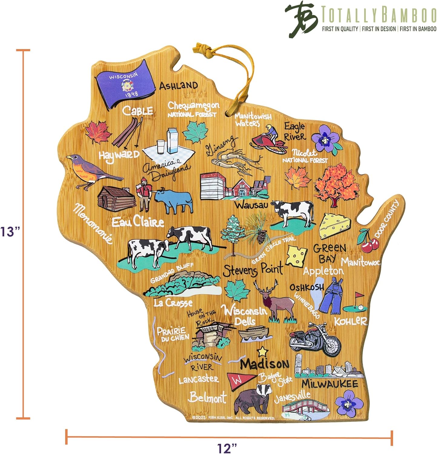 Tennessee State Shaped Cutting Board, Art by Fish Kiss | State charcuterie board with colorful hand-drawn map artwork. Smooth reverse side for food prep. Hang tie for wall display. - Colors B