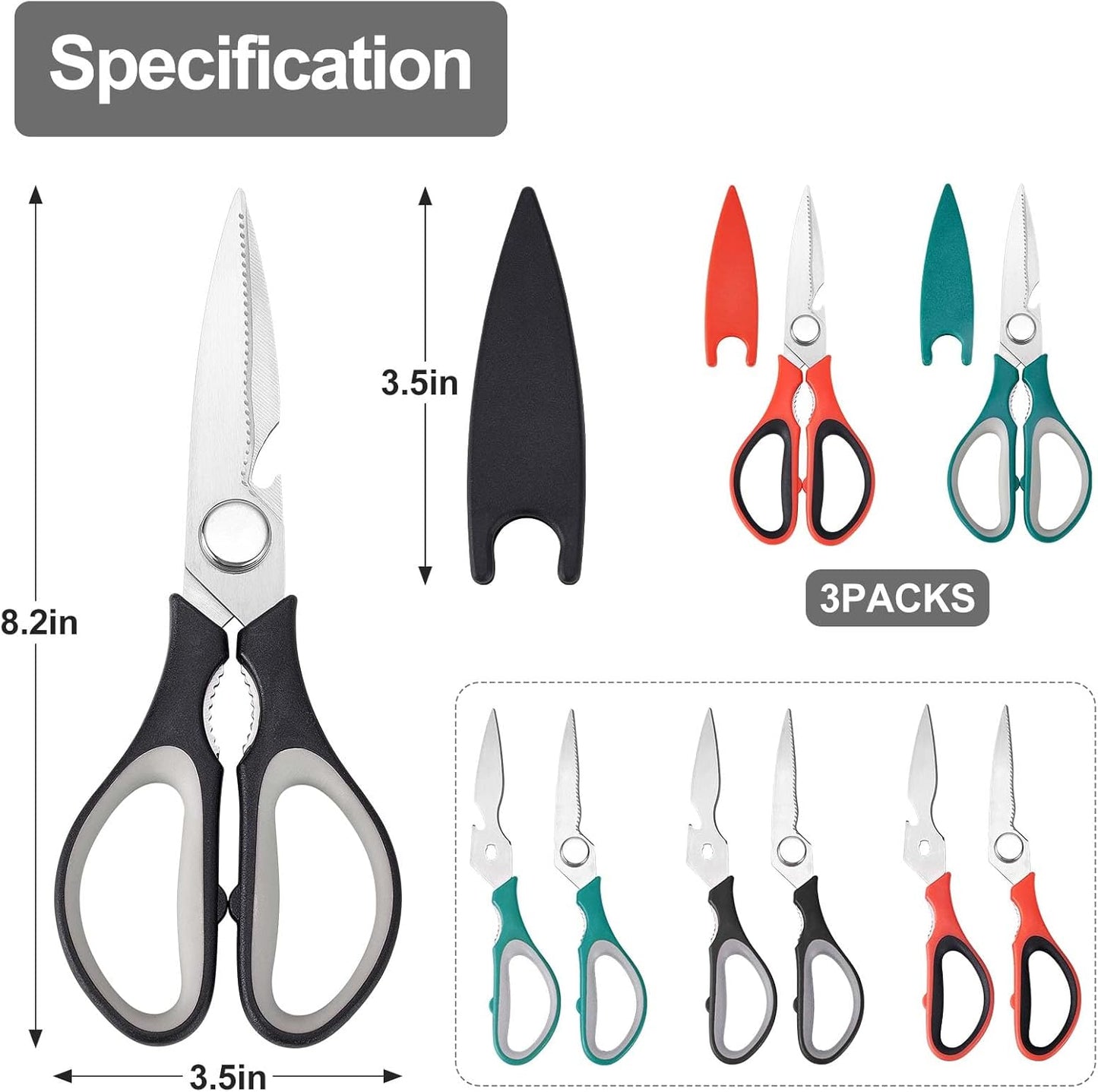 3-Pack Kitchen Scissor All Purpose Kitchen Shears Heavy Duty Scissors Stainless Steel Dishwasher Safe Cooking Scissors, Kitchens Utensils removable for Cutting Meat, Chicken,Fish, Vegetable