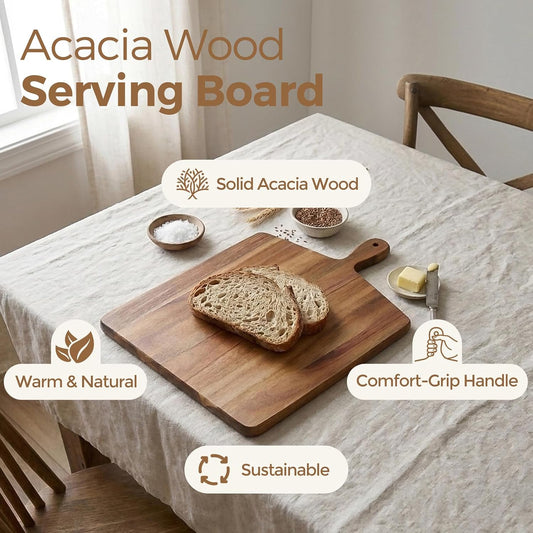 Acacia Wood Cutting Board with Handle, Wooden Serving Charcuterie Board | Square-17"x13", Wooden Chopping Board for Meat, Cheese, Bread&Vegetables, Decorative Cutting Board for Kitchen Cooking&Pizza