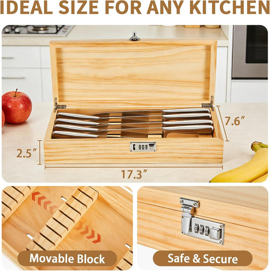 Knife Lock Box Kitchen - Knife Storage Box, Upgraded Lockable Large Knives Holder & Organizer Quick and Safe Culinary Tools Storage