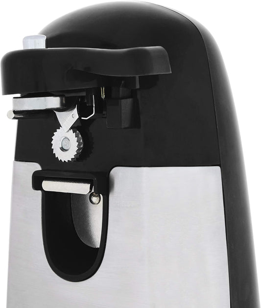3-In-1 Electric Can Opener, Bottle Opener and Knife Sharpener with Stainless Steel Blade, Magnetic Lid Holder, Safe, Easy to Use, Powerful, Sleek Design, 50W, Black