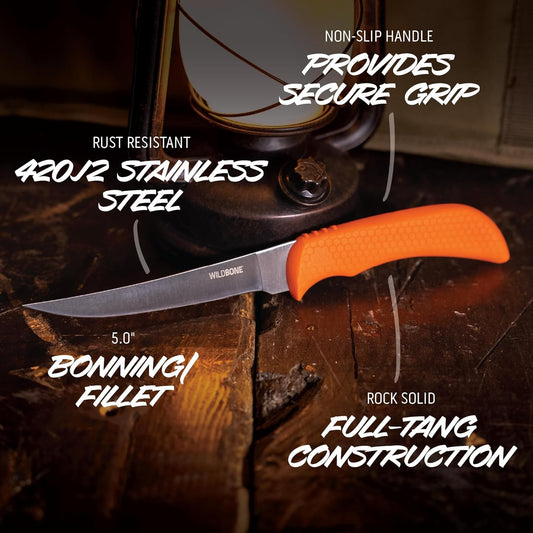 5" Wild Game Boning Knife - Fixed Blade for Processing Game and Fish with Rubberized Nonslip TPR Handle