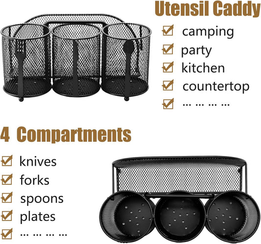 Utensil Caddy Silverware Holder - 4 Compartment Metal Mesh Cutlery Fork Spoon Napkin Plate Organizer Flatware Storage Basket Party Kitchen Countertop Buffet Picnic Camping Outdoor BBQ Black