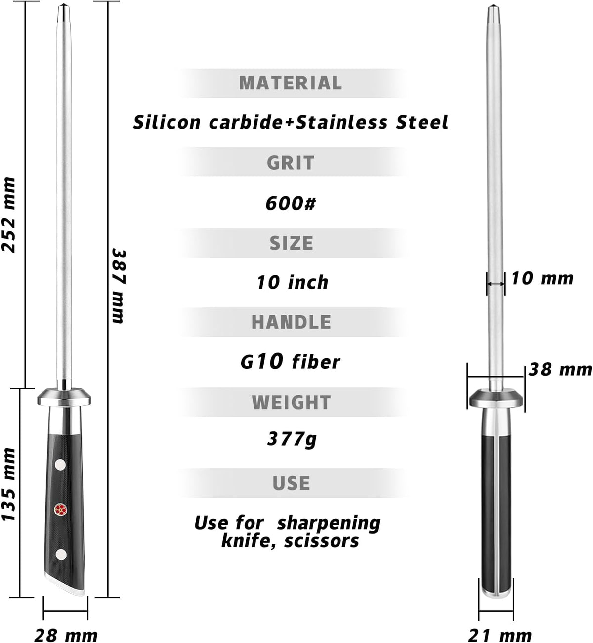Seido Shujin 10 Inch Diamond-Coated Knife Sharpening Rod, G10 Handle | Diamond-coated sharpening rod with ergonomic G10 handle for quick edge maintenance, honing, and kitchen knife care.
