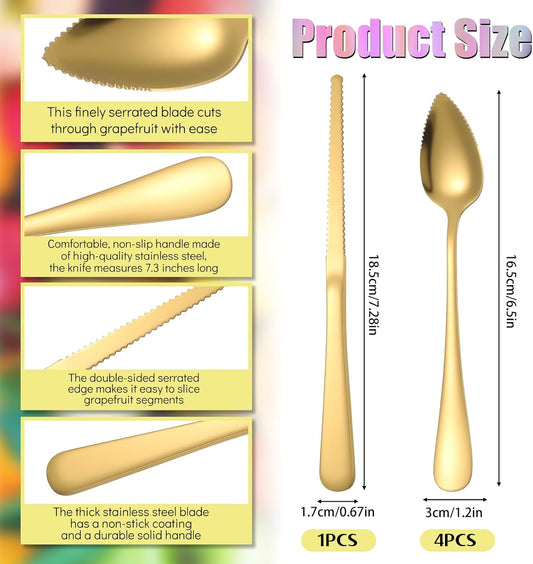 5 Pcs Grapefruit Spoons and Knife Set Gold Stainless Steel Serrated Utensils for Citrus Kiwi Melon Lemon Puree Dishwasher Safe