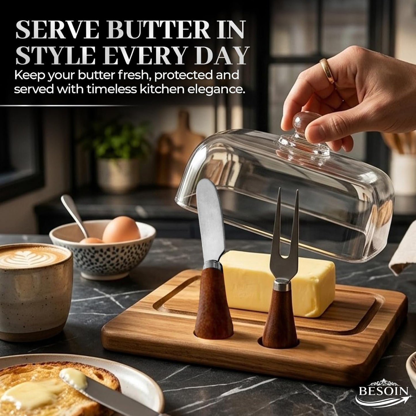 Butter Dish with Lid and Knife Set - Elegant Glass Butter Dish for Countertop – Wooden Base Butter Holder - Large Butter Dish with Lid for 8oz Sticks, Cheese, & Fruit